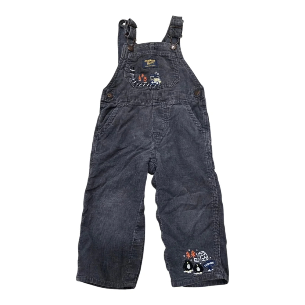 OshKosh B'gosh Vintage Gray Corduroy Overalls with Penguin Embroidery 24 Months